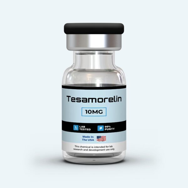 Glass vial with cap labeled Tesamorelin 10MG 99% Purity from Biolongevity Labs.